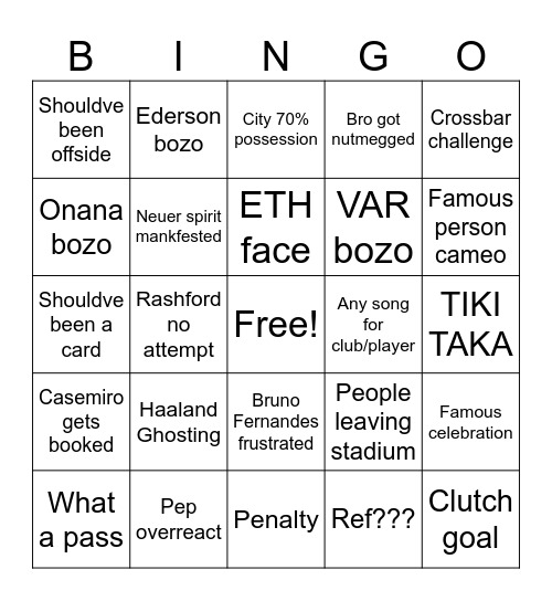 City vs Utd Bingo Card