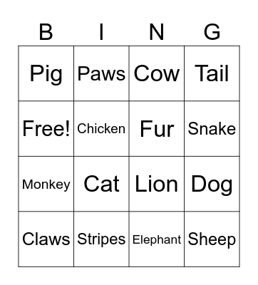 ANIMAL BINGO Card