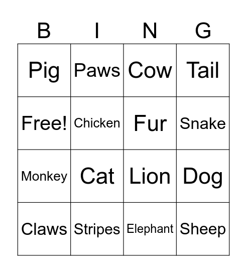 ANIMAL BINGO Card