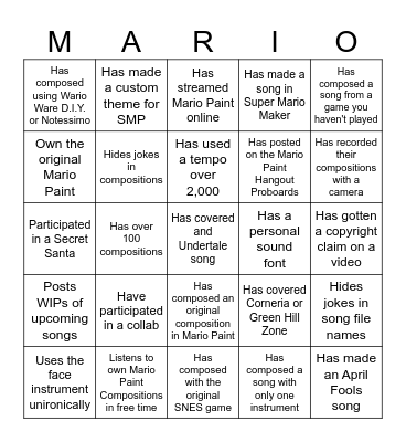 Mario Paint Composer Bingo Card