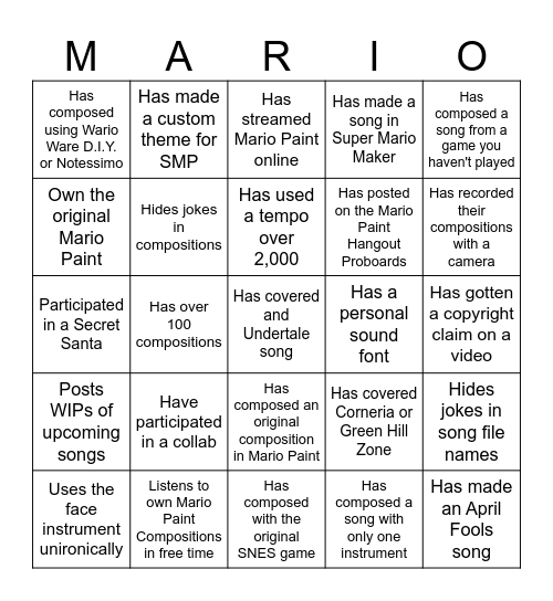 Mario Paint Composer Bingo Card