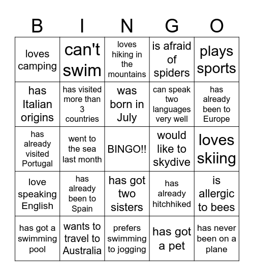 Travelling: Find someone who... Bingo Card