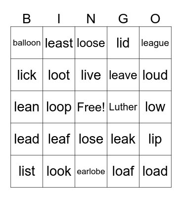 Speech: Next Level L +RoundFront Vowel Bingo Card