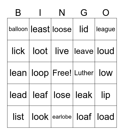 Speech: Next Level L +RoundFront Vowel Bingo Card