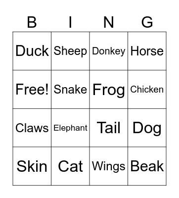 Animal Bingo Card