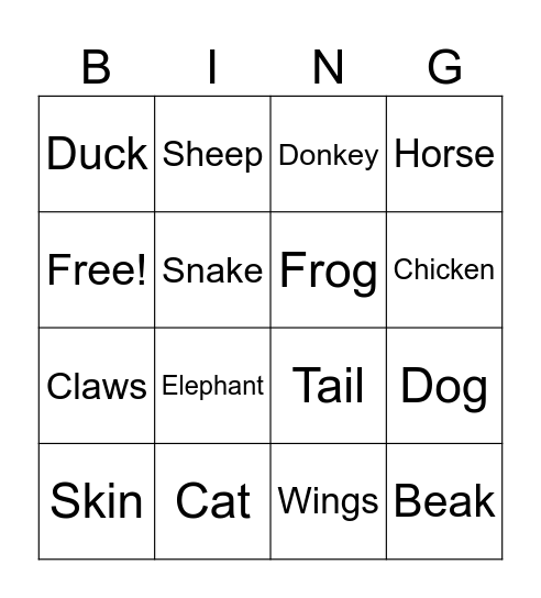 Animal Bingo Card