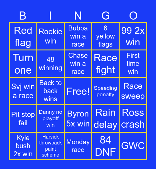 NASCAR Bingo Card