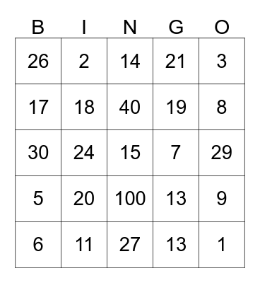 Number Bingo!  Bingo Card