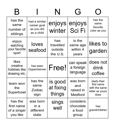 "Mill" Around Find Someone who/that Bingo Card