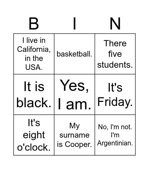 Teens 1 First Class Bingo Card