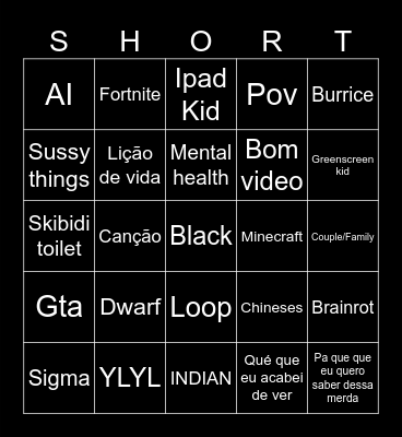 YOUTUBE SHORTS Bingo Card