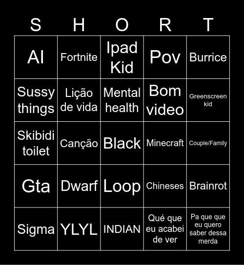 YOUTUBE SHORTS Bingo Card