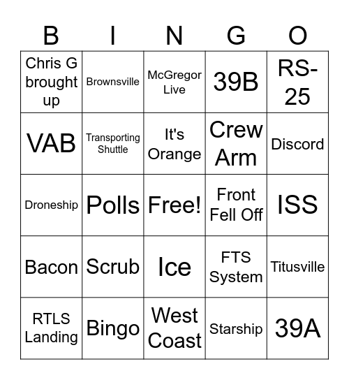Shuttle Sunday Bingo Card