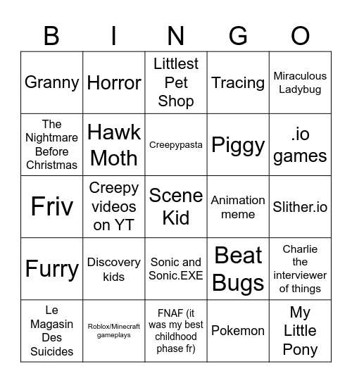 My childhood phases bingo Card