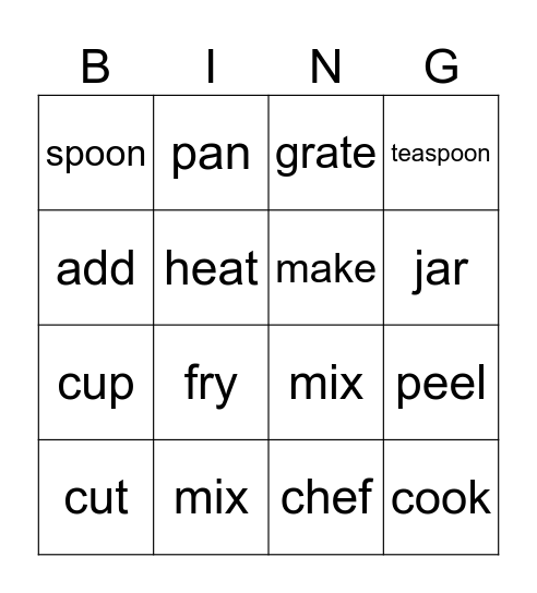 Recipe Bingo Card