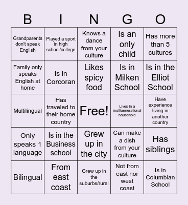 Kappa Phi Lambda Cultures Bingo Card