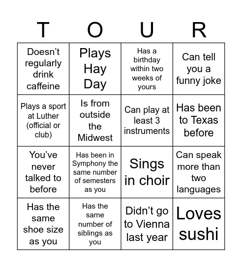 TOUR BINGO!! Bingo Card