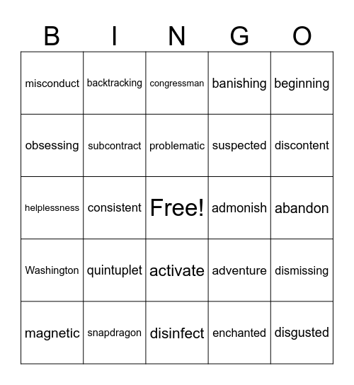 Multisyllabic Words Bingo Card