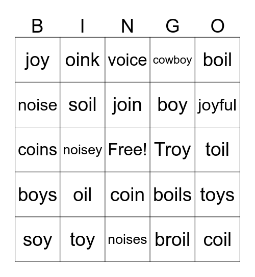 oi and oy Bingo Card