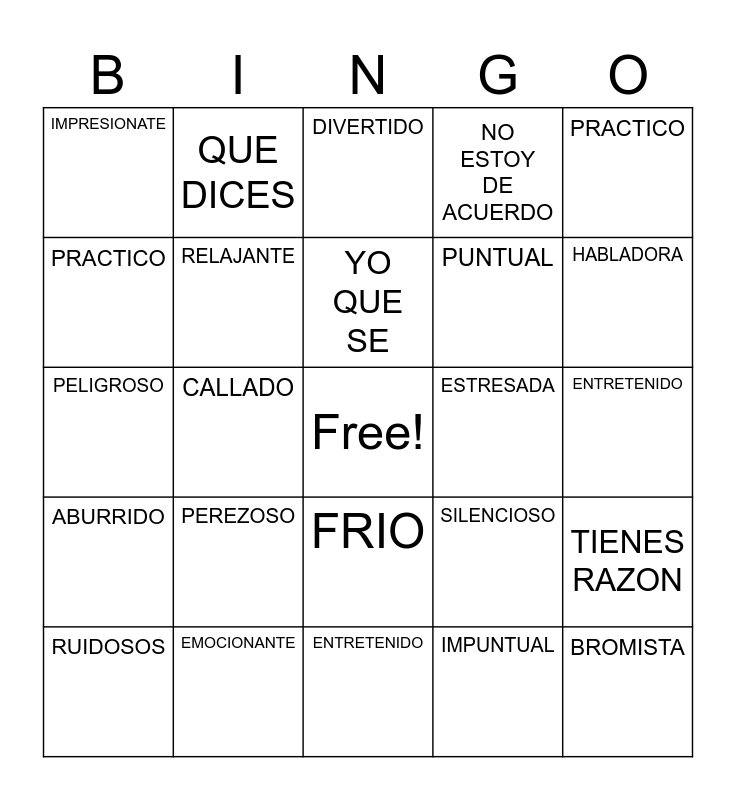 SPAN 2 - U4 - VOCABULARIO Bingo Card