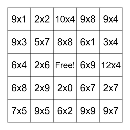 Multiplication Bingo Card