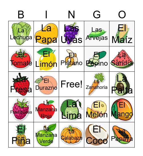 Spanish Fruits and Vegetables Bingo Card