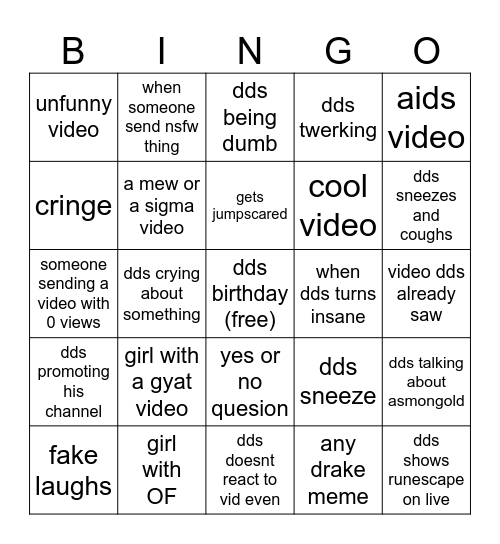 DDSLive youtube Bingo Card