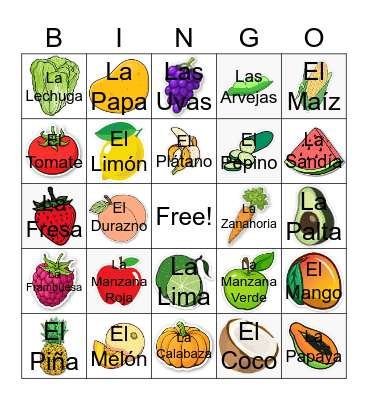 Spanish Fruits and Vegetables Bingo Card