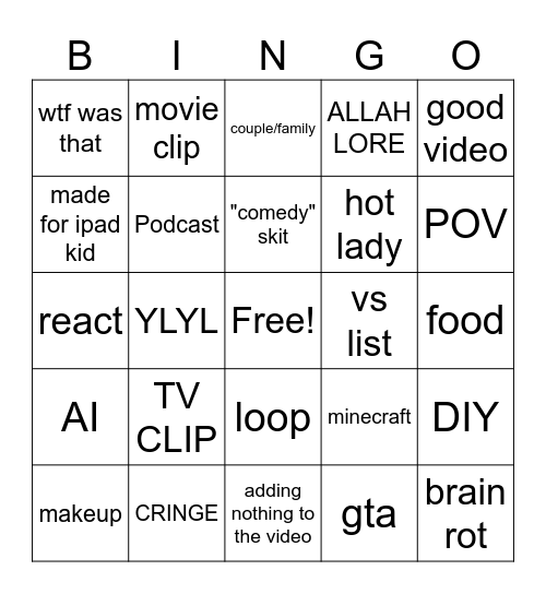 youtube shorts bingo Card