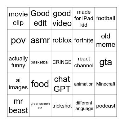 YouTube shorts bingo Card