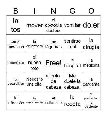 Unit 3 medical words Bingo Card