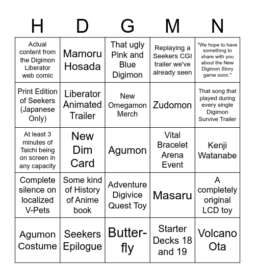 Digimon Con 2024 Bingo Card