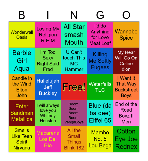 Name The Song/Band 90's Bingo Card