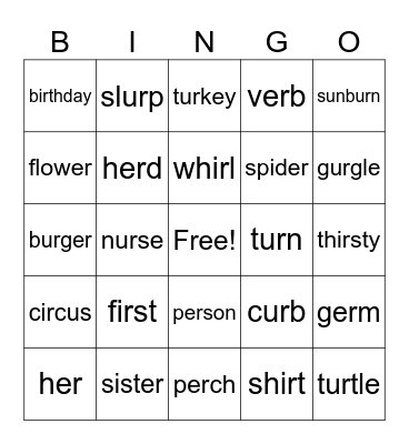 ER, IR, UR BINGO Card