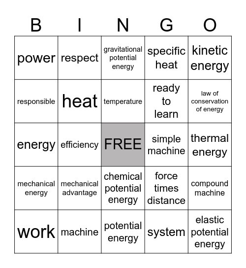 WORK & ENERGY Bingo Card
