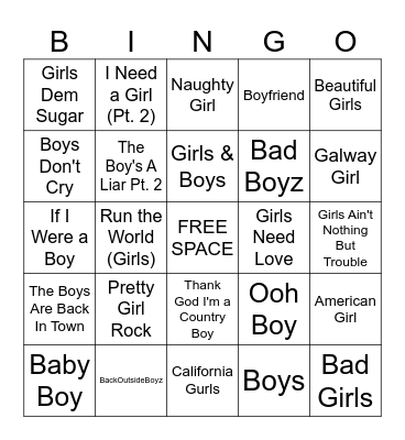 GIRLS and BOYS Bingo Card