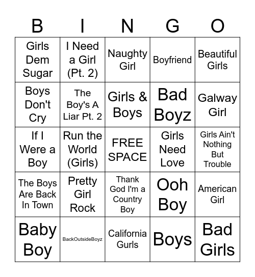 GIRLS and BOYS Bingo Card