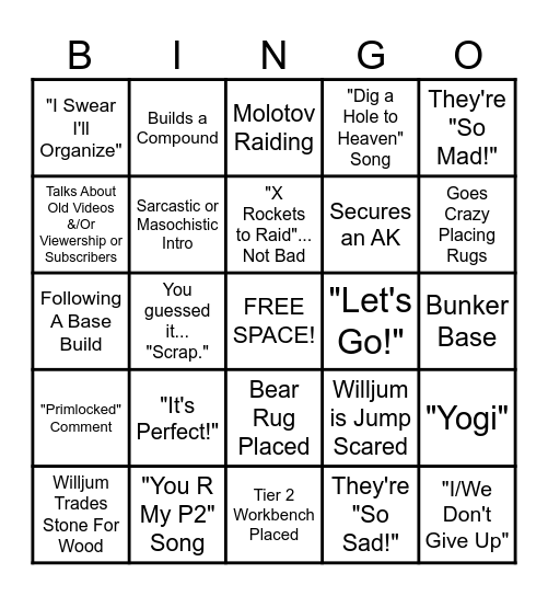 Willjingo Bingo Card