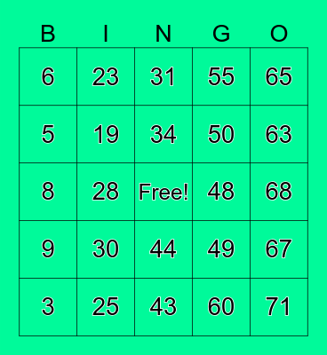 Number Bingo 1-75 Bingo Card