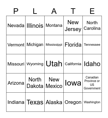 License plate bingo Card