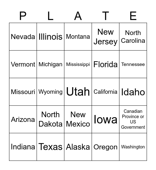 License plate bingo Card