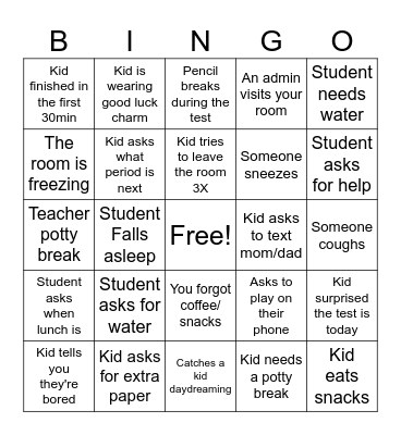 Test Proctor Bingo Card