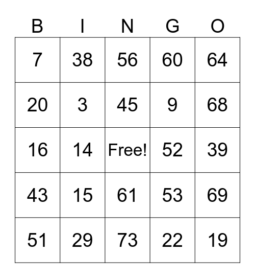 1-75 numbers Bingo Card