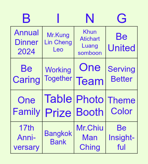 Table Prize Bingo Card