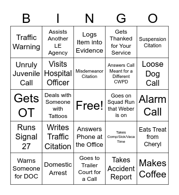 CWPD Road BINGO Card