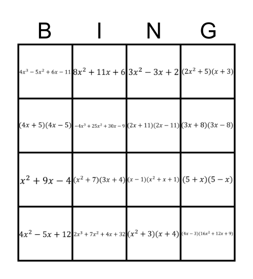 Operations on Expressions to Solve Equations Bingo Card