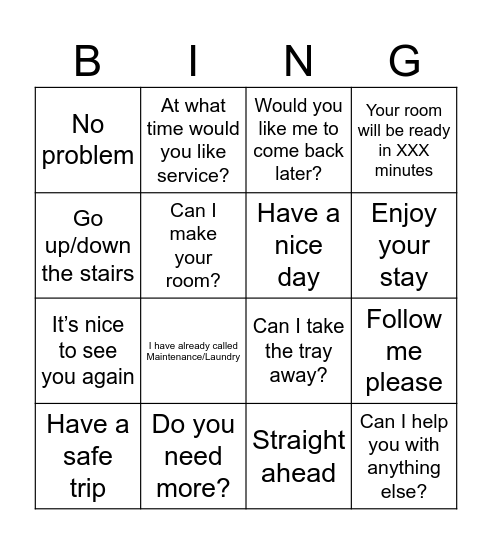 Housekeeping English phrases Bingo Card