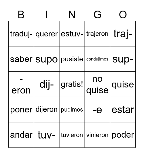 Espanol 2 - 13 irregulares en el pretérito Bingo Card