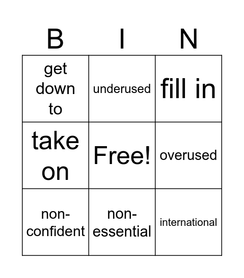 Year 8, Unit 6, Vocabulary 2 Bingo Card