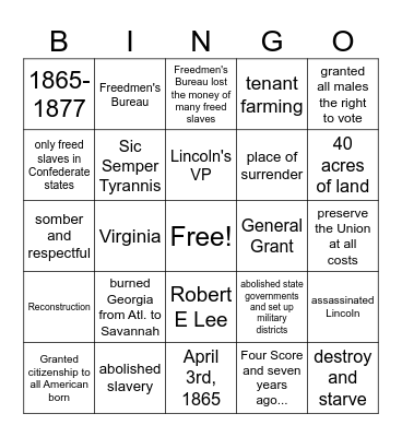 Reconstruction Bingo Card